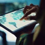Military IT professional gathers intelligence from world map projection, tablet connected to satellite reconnaissance system to support field troops. Dispatch army command post. Close up. Camera A.