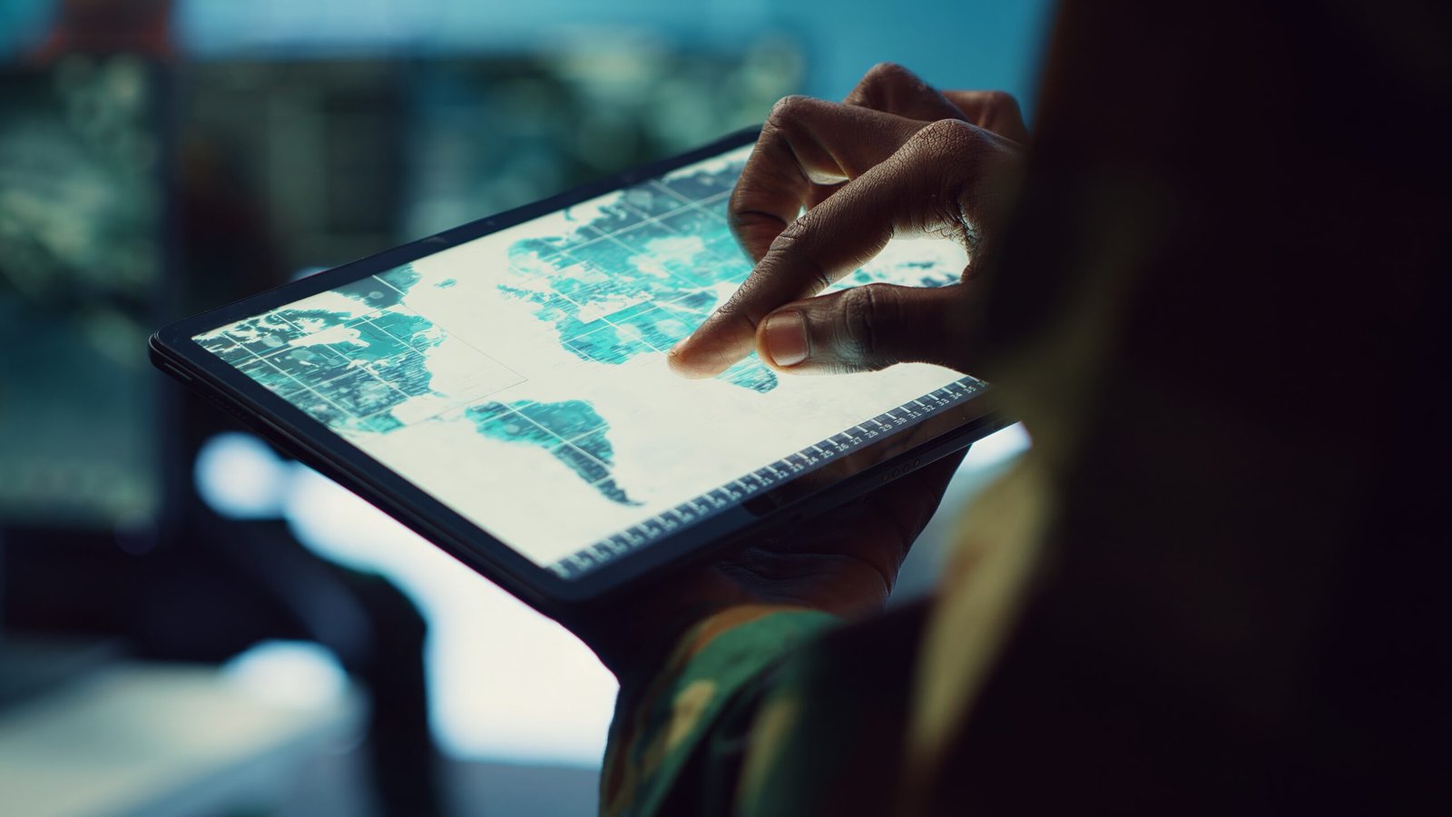 Military IT professional gathers intelligence from world map projection, tablet connected to satellite reconnaissance system to support field troops. Dispatch army command post. Close up. Camera A.